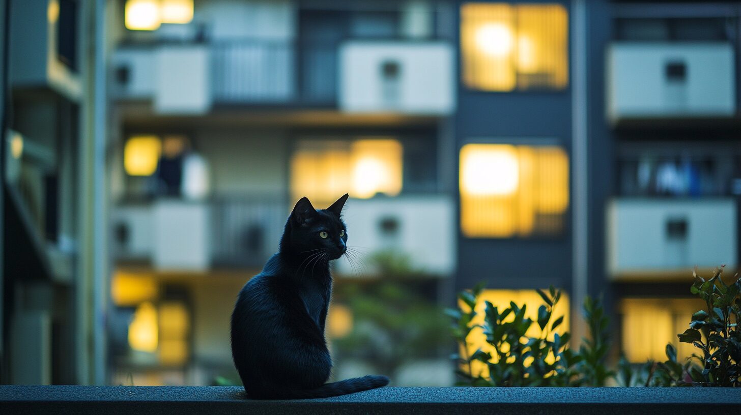 アパートの前の黒猫